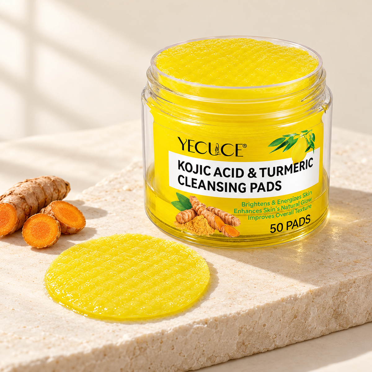 Turmeric cleansing pads on a cream stone surface