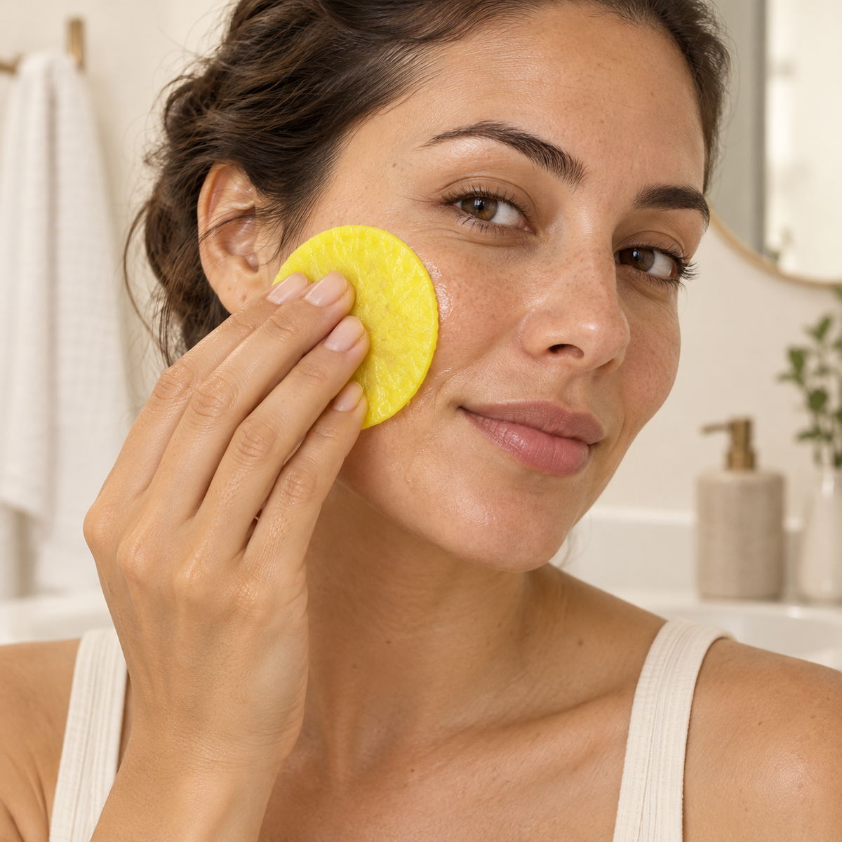 Using a yellow pre-soaked cleansing pad on the cheek
